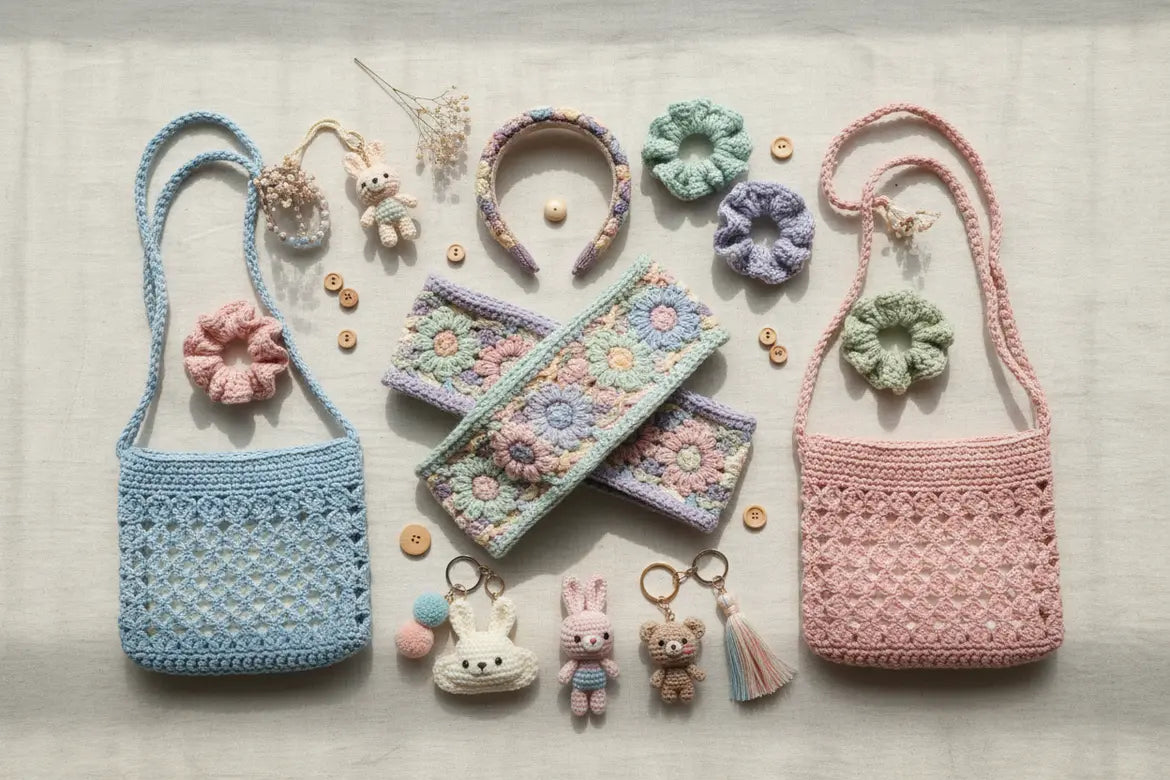 "Handmade crochet accessories collection by Loopelle Studio — keychains, bookmarks, headbands and bags crafted from soft premium yarn"