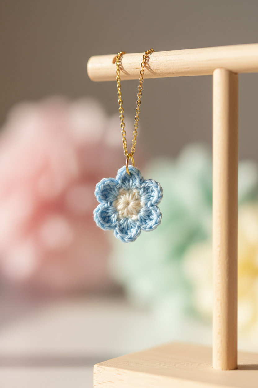 A small crocheted flower pendant in light blue and cream hangs from a gold chain from a wooden display stand, with a softly blurred pastel background.