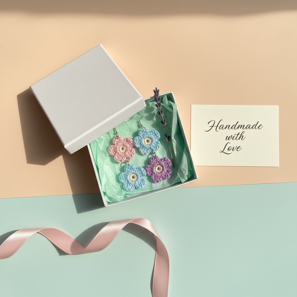 A styled flat-lay of handmade flower-shaped earrings displayed in an open white gift box with mint green tissue paper, alongside a cream card reading 'Handmade with Love' and a pink ribbon on a two-tone beige and mint background.