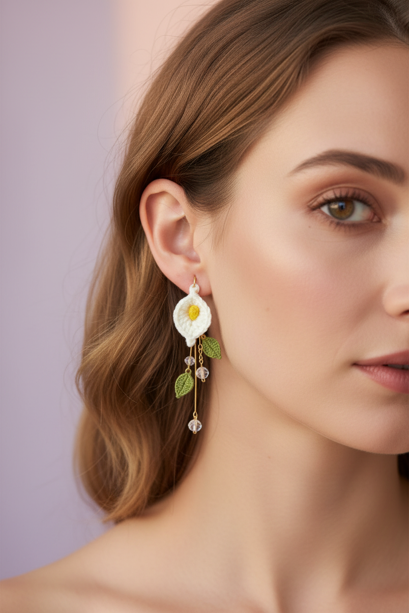 A close-up of a woman wearing a dangling flower earring with a white petal-like top, yellow center, and green leaf charms, against a soft lavender background.