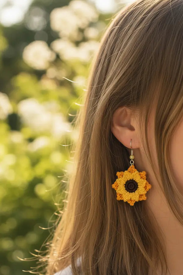 A close-up lifestyle shot of a woman wearing a handmade crocheted sunflower dangle earring. The earring features bright yellow and orange petals with a dark brown center, hanging from a silver fishhook.