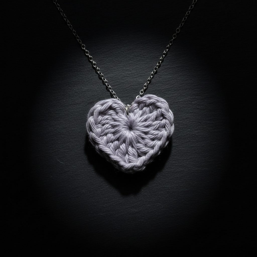 Crocheted heart-shaped pendant on a chain against a black background