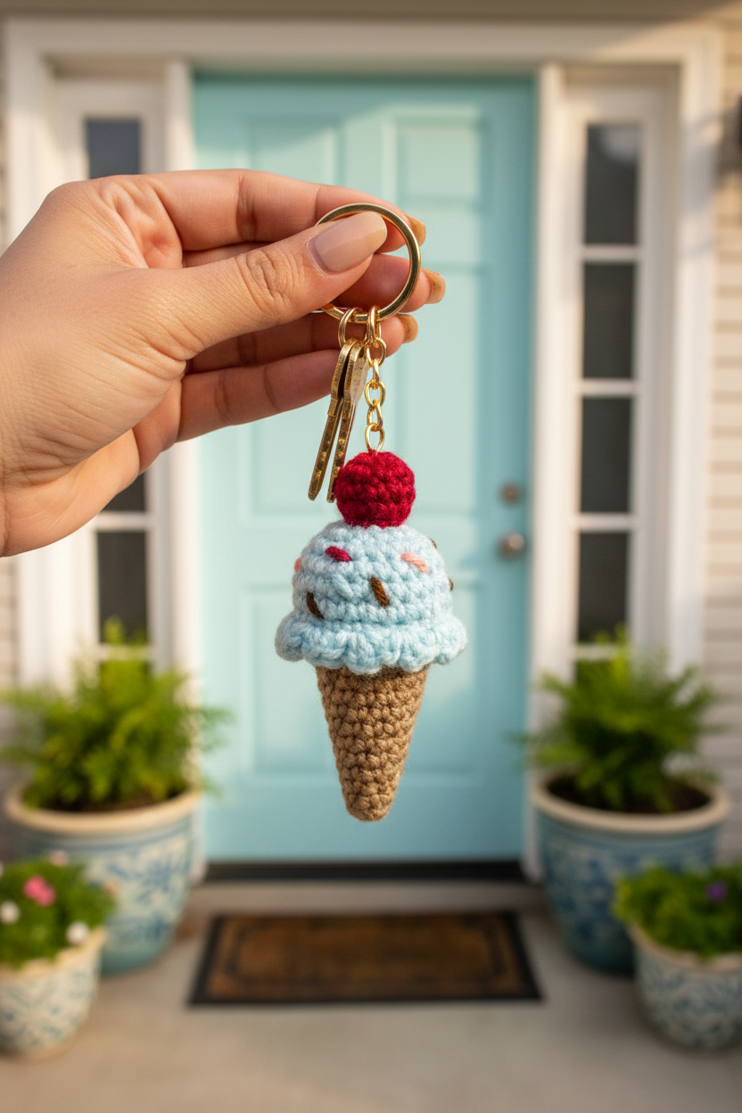 A crocheted ice cream cone keychain held up by a hand, featuring a light blue scoop, a brown waffle cone, a red cherry on top, and gold metal keys, set against a blurred turquoise front door background.