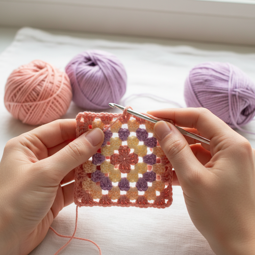 A close-up of hands crocheting a small square patch with pink, purple, and yellow yarn, holding a silver crochet hook. Two balls of yarn, one pink and one light purple, are blurred in the background on a white surface.