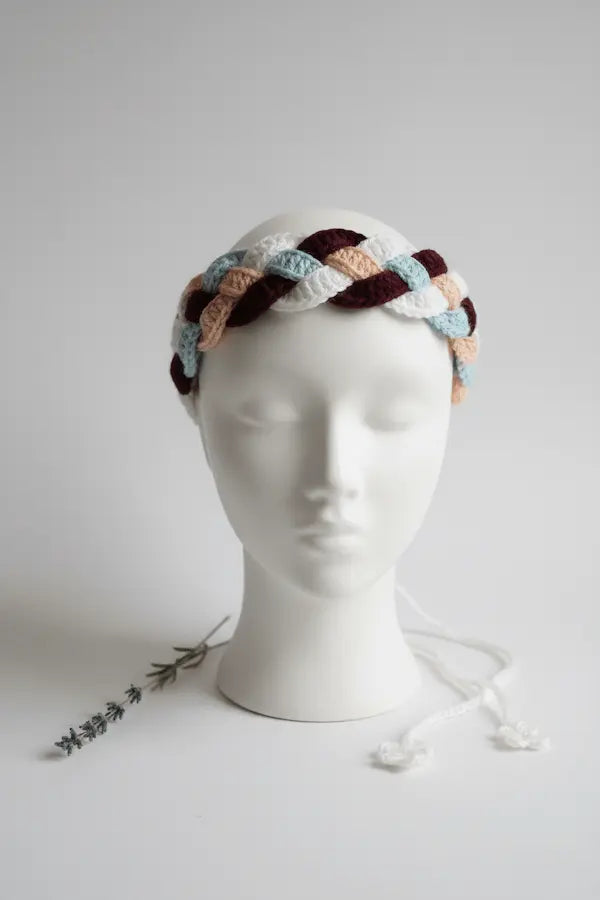A crocheted braided headband in white, light blue, peach, and burgundy, displayed on a white mannequin head. A small sprig of lavender is placed on the surface in the foreground against a neutral light gray background.