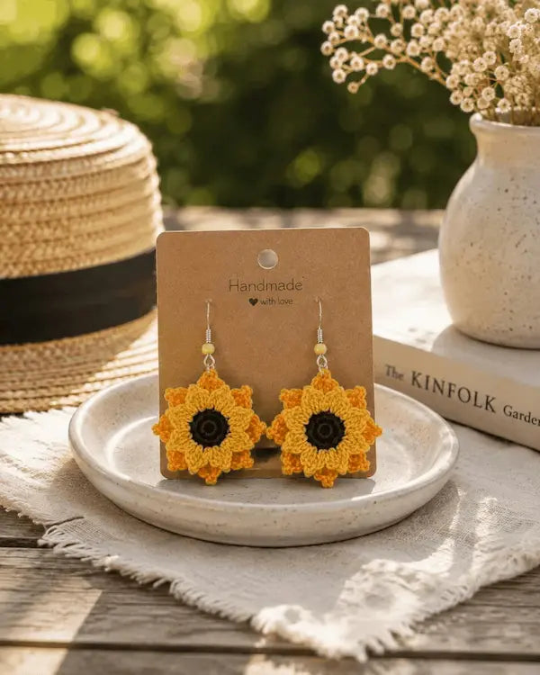 A pair of handmade crocheted sunflower dangle earrings displayed on a brown kraft card, resting on a small white ceramic dish. The setting is a rustic outdoor-style tabletop with a straw hat, a book, and a vase of flowers in the background.