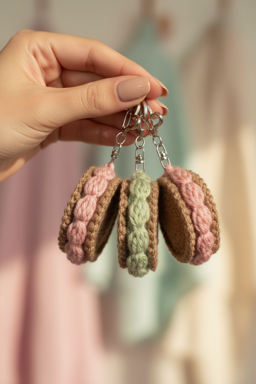 A hand with nude manicured nails holds three small crocheted keychain charms shaped like macarons. The keychains feature pink and brown macaron shells with one light green macaron in the center, attached to silver metal clips.