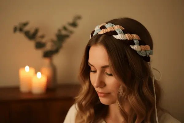 A woman with wavy light brown hair wearing a handmade braided headband made of pastel-colored fabric strips, shown in a warm, cozy indoor setting with blurred candles in the background.