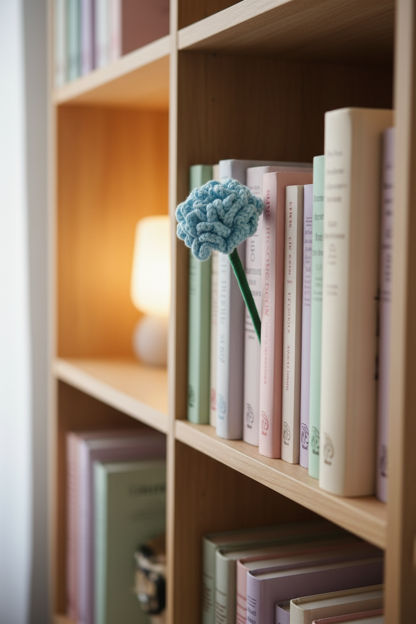A light blue knitted flower with a green stem resting on a wooden bookshelf next to pastel-colored books.
