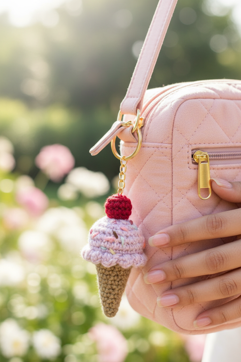 A close-up of a light pink quilted handbag being held by a hand, featuring a crocheted ice cream cone charm with a red cherry on a gold key ring.
