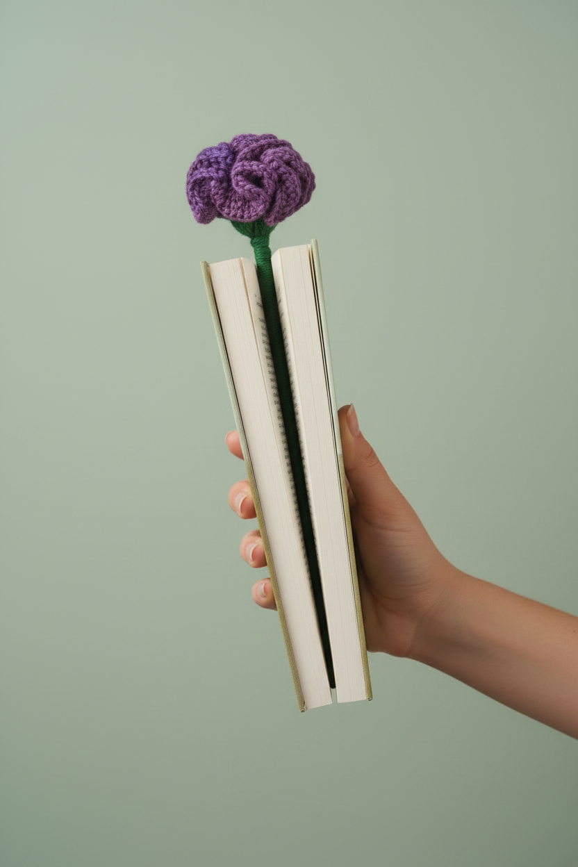 A hand holding a book with a purple crocheted brain-shaped flower stem tucked inside, against a solid sage green background.