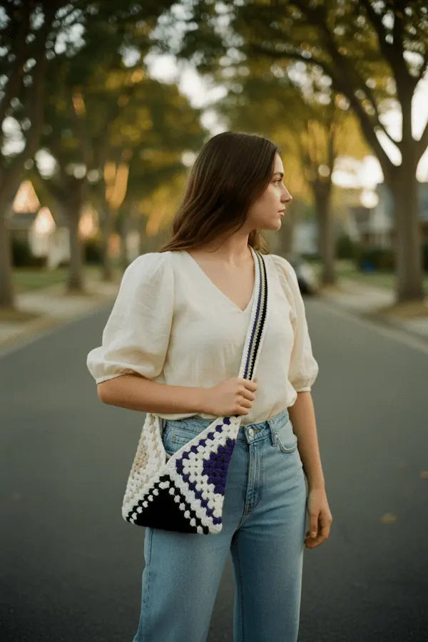 A woman stands on a tree-lined street wearing a cream puff-sleeve blouse and light blue jeans, carrying a chunky crocheted shoulder bag with black, white, and purple geometric patterns.