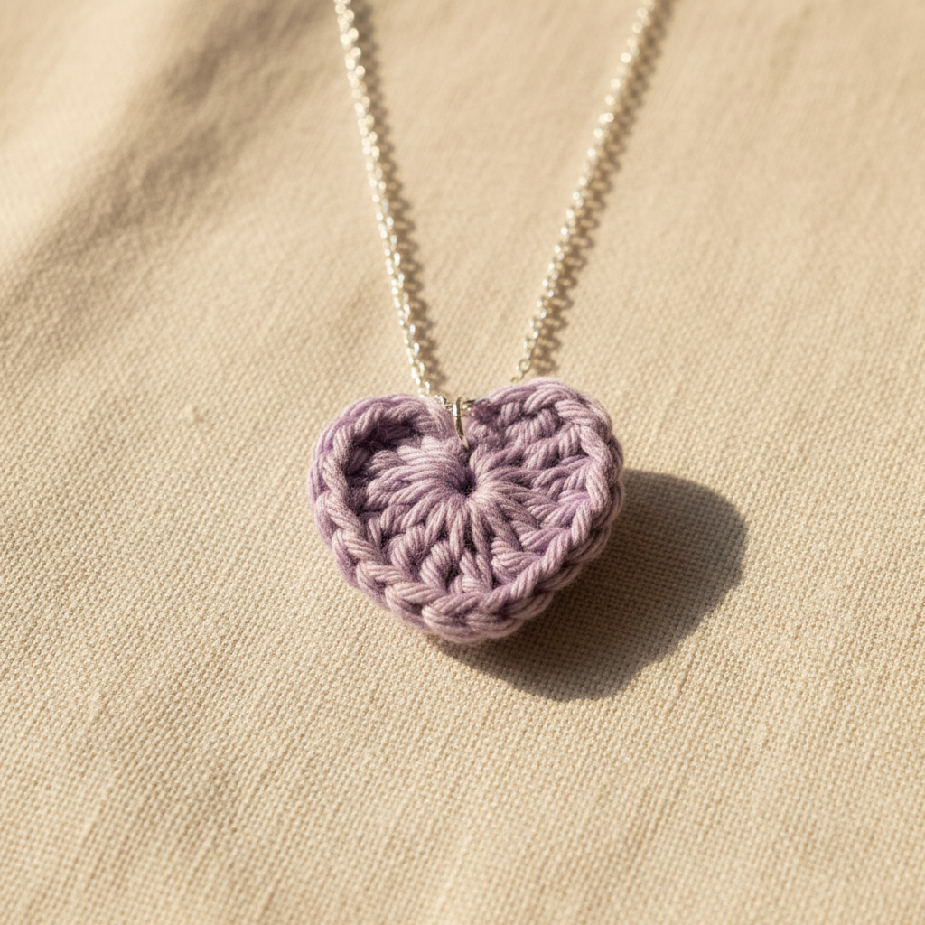 Crocheted heart pendant on a chain against a beige background