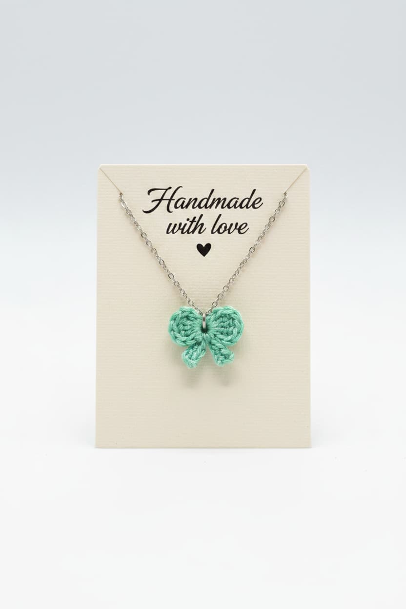 A handmade turquoise crocheted heart pendant necklace on a silver chain, displayed on a cream-colored card that reads 'Handmade with love'.