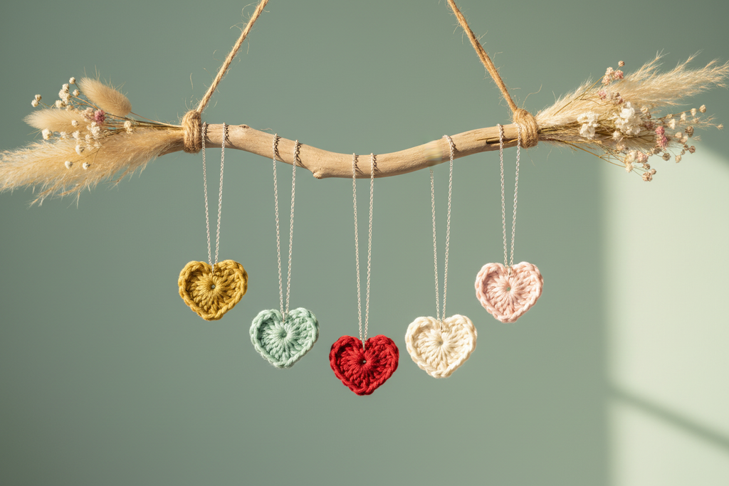 A decorative hanging ornament made from a natural branch with dried grass and flowers, suspended against a soft green wall. Five crocheted heart shapes in mustard yellow, mint green, red, cream, and light pink hang from the branch by thin cords.