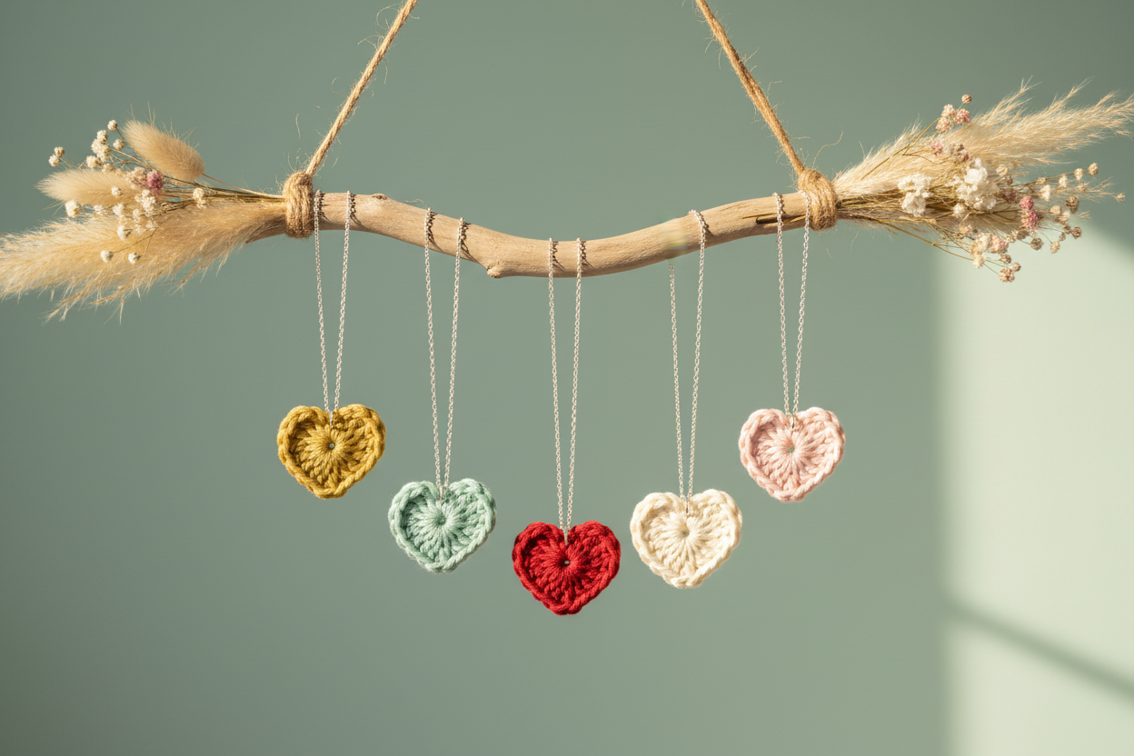 A decorative hanging ornament made from a natural branch with dried grass and flowers, suspended against a soft green wall. Five crocheted heart shapes in mustard yellow, mint green, red, cream, and light pink hang from the branch by thin cords.