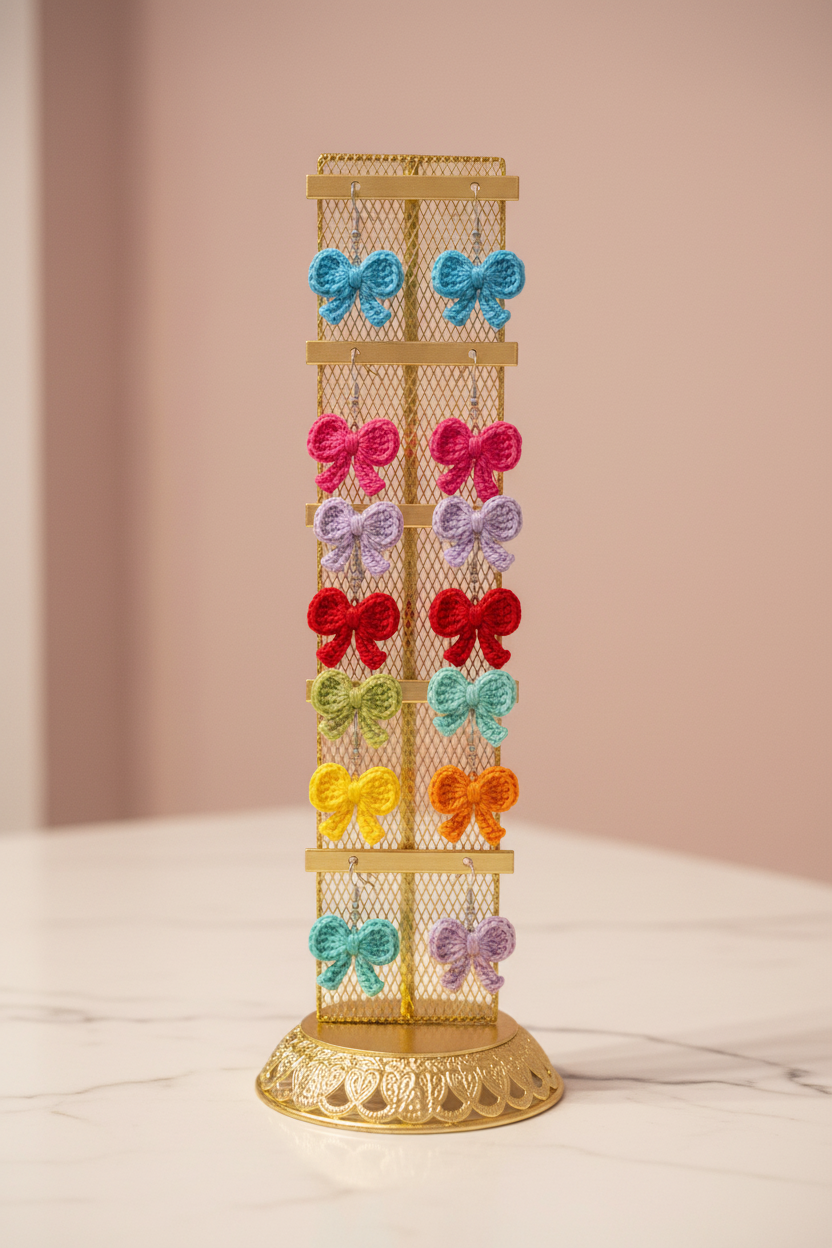 A gold wire display stand with a decorative base, holding multiple colorful crocheted bow earrings in shades of blue, pink, purple, red, green, yellow, orange, and teal, set against a soft beige background.