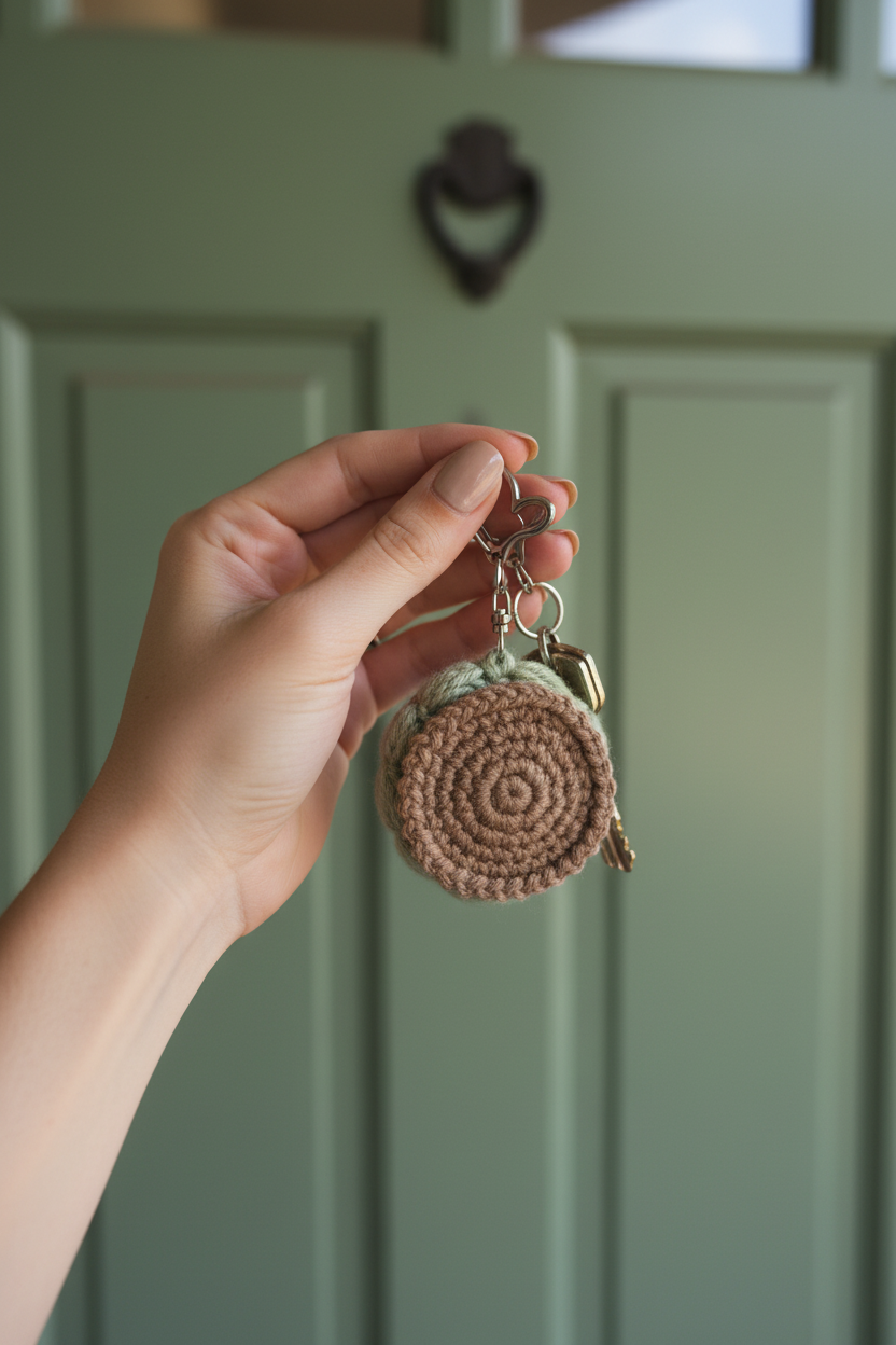 A hand holding a small round crocheted coin purse keychain with a retractable tape measure and metal key ring, set against a soft-focus green paneled door background.
