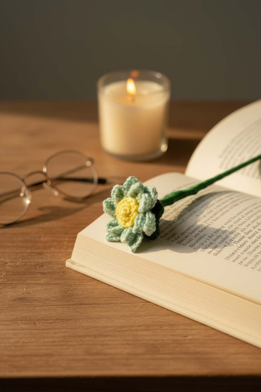 A handmade crocheted flower bookmark with a green stem and a light green and yellow flower sits on an open book on a wooden table, with a lit candle and eyeglasses in the background.