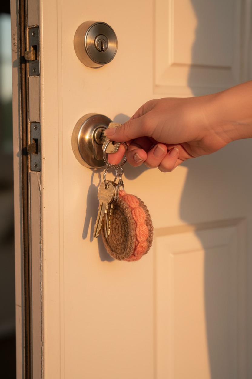 A close-up of a hand inserting a key into a brass front door lock, with a woven keychain hanging from the keyring. The scene is lit by warm golden sunlight, casting a strong shadow on the white door panel.