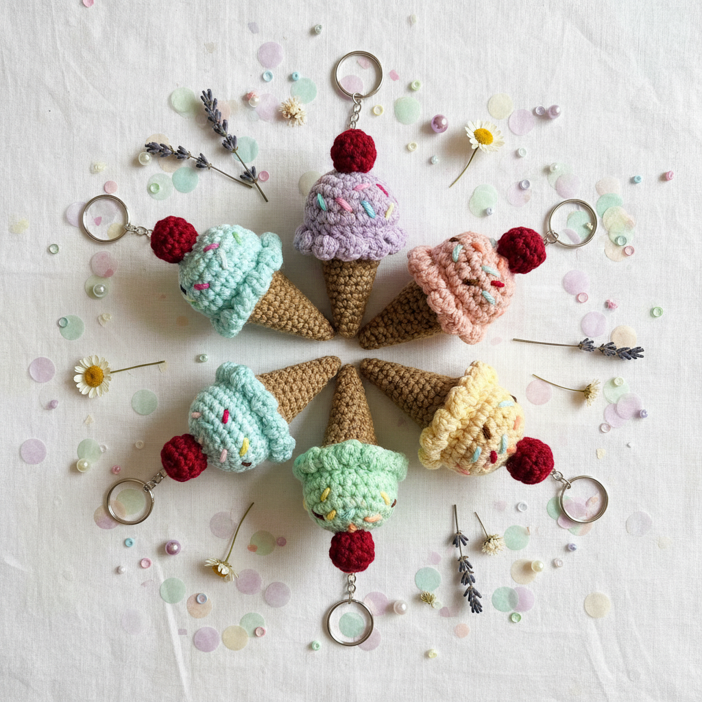 Six crocheted ice cream keychains arranged in a circular flat-lay on a white fabric background with small decorative flowers, lavender sprigs, and pastel confetti. The keychains feature waffle-cone shapes with pastel-colored scoops in mint, lavender, peach, green, and cream, topped with red cherry-like accents and silver metal keyrings.