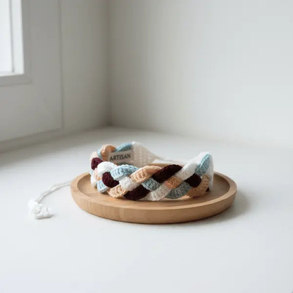 A handmade braided crochet bracelet with white, light blue, peach, and dark burgundy sections, resting on a round wooden tray on a white surface.