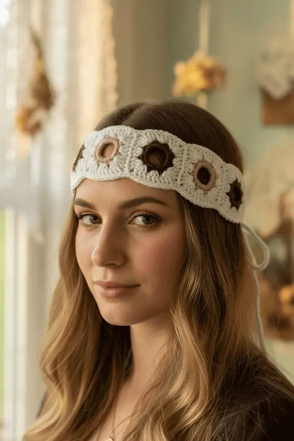 A woman wearing a cream crocheted headband decorated with pink and brown flower-like motifs, photographed in a softly lit indoor setting.