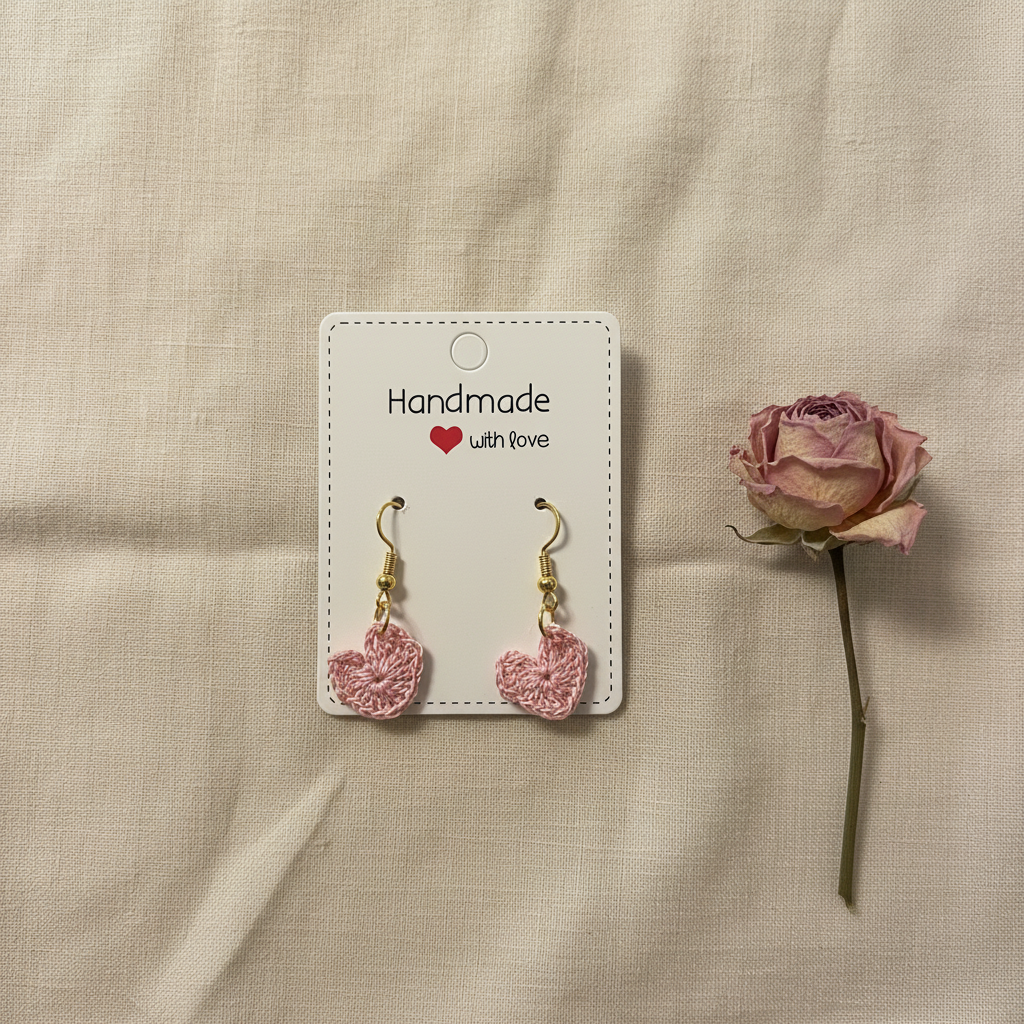 A pair of pink crocheted heart dangle earrings on a white 'Handmade with love' display card, placed on a beige fabric background next to a single dried pink rose.