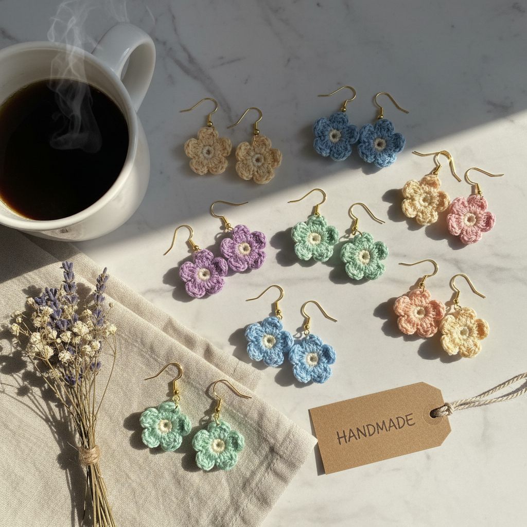 A styled flat-lay of handmade crocheted flower earrings in multiple pastel colors, arranged on a light marble surface beside a cup of coffee, dried flowers, a beige cloth, and a kraft tag that reads HANDMADE.