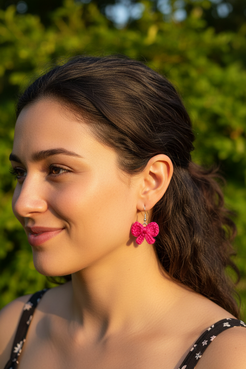 A woman in profile wearing a bright pink crocheted bow earring, set against a soft-focus green outdoor background.