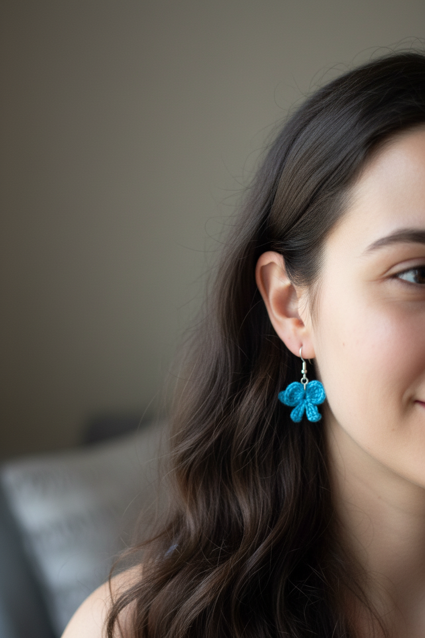 A close-up of a woman with long dark brown hair wearing a bright blue textured bow-shaped dangle earring with a silver fishhook wire.
