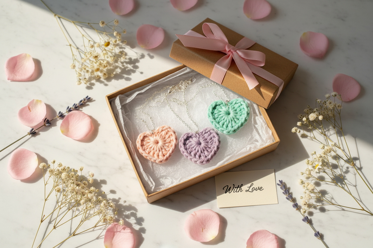 A gift box containing three crocheted heart-shaped items in pastel pink, purple, and mint green, styled with pink petals, dried flowers, and a card reading 'With Love' on a light marble surface.