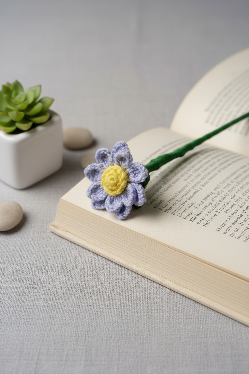 A handmade crochet flower bookmark with a lavender-purple and white petals and a yellow center, resting on an open book. The book stem is green, and the scene is styled with a small potted succulent and pebbles on a textured gray surface.
