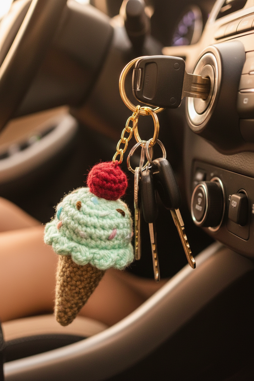 A crocheted ice cream cone keychain hanging from a key ring in a car's ignition. The keychain features mint green and light green scoops with a red cherry on top, a brown waffle-cone base, and gold metal keys and chain.