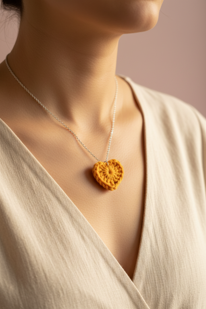 A close-up of a person wearing a delicate silver chain necklace with a textured, crocheted mustard-yellow heart pendant, paired with a cream-colored V-neck top against a soft, muted pink background.