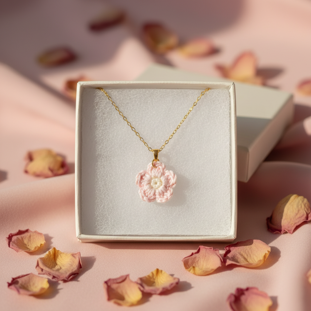 A delicate gold chain necklace with a pink crocheted flower pendant, presented in an open white jewelry box on a soft pink background with scattered dried rose petals.