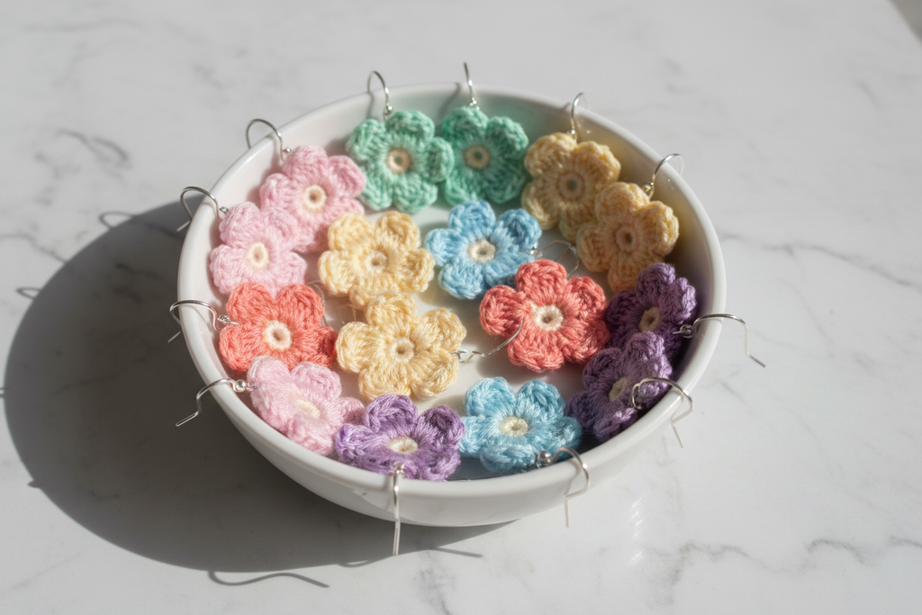 A white shallow bowl filled with small crocheted flower-shaped earrings in pastel pink, peach, yellow, blue, green, and purple, arranged on a light marble surface.