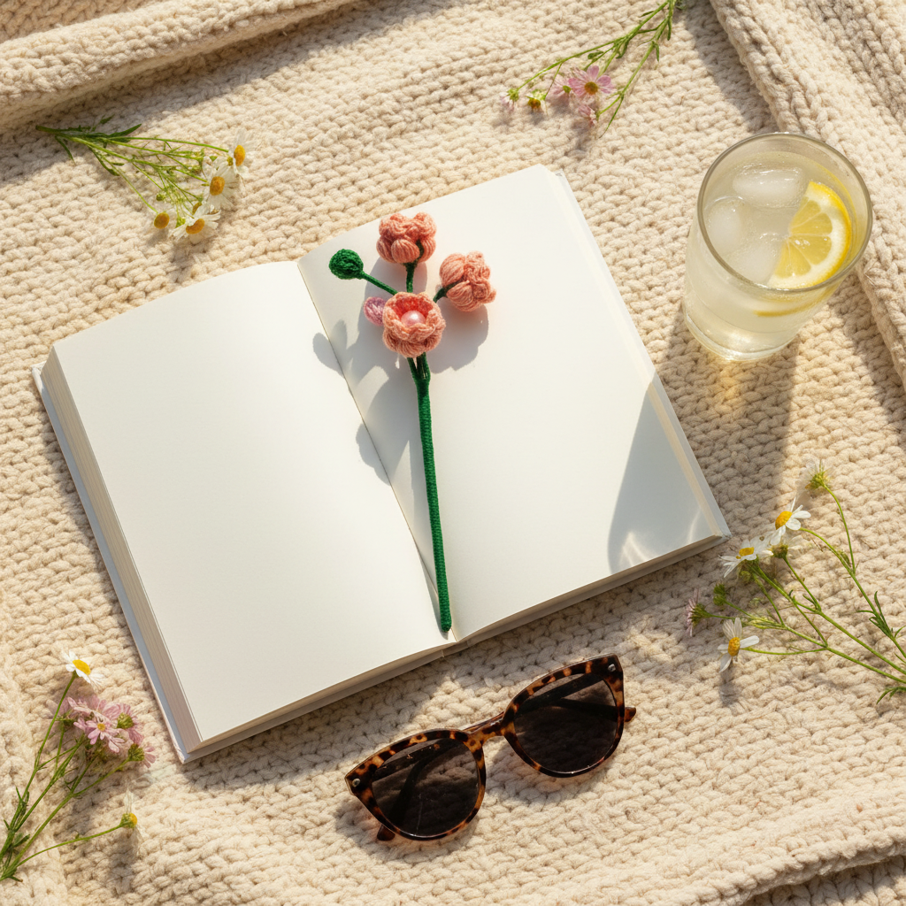 A styled flat-lay featuring a white open book with a pink flower-shaped bookmark on the page, surrounded by small daisy flowers, tortoiseshell sunglasses, and a glass of lemonade on a beige knit blanket.