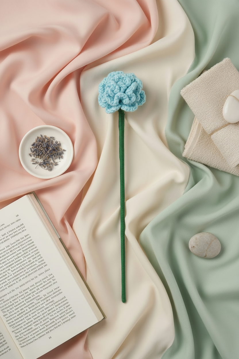 A styled flat-lay featuring a light blue crocheted flower stem with a green stem, arranged on draped pastel pink, cream, and mint green fabrics with an open book, a small dish of dried lavender, and folded towels.