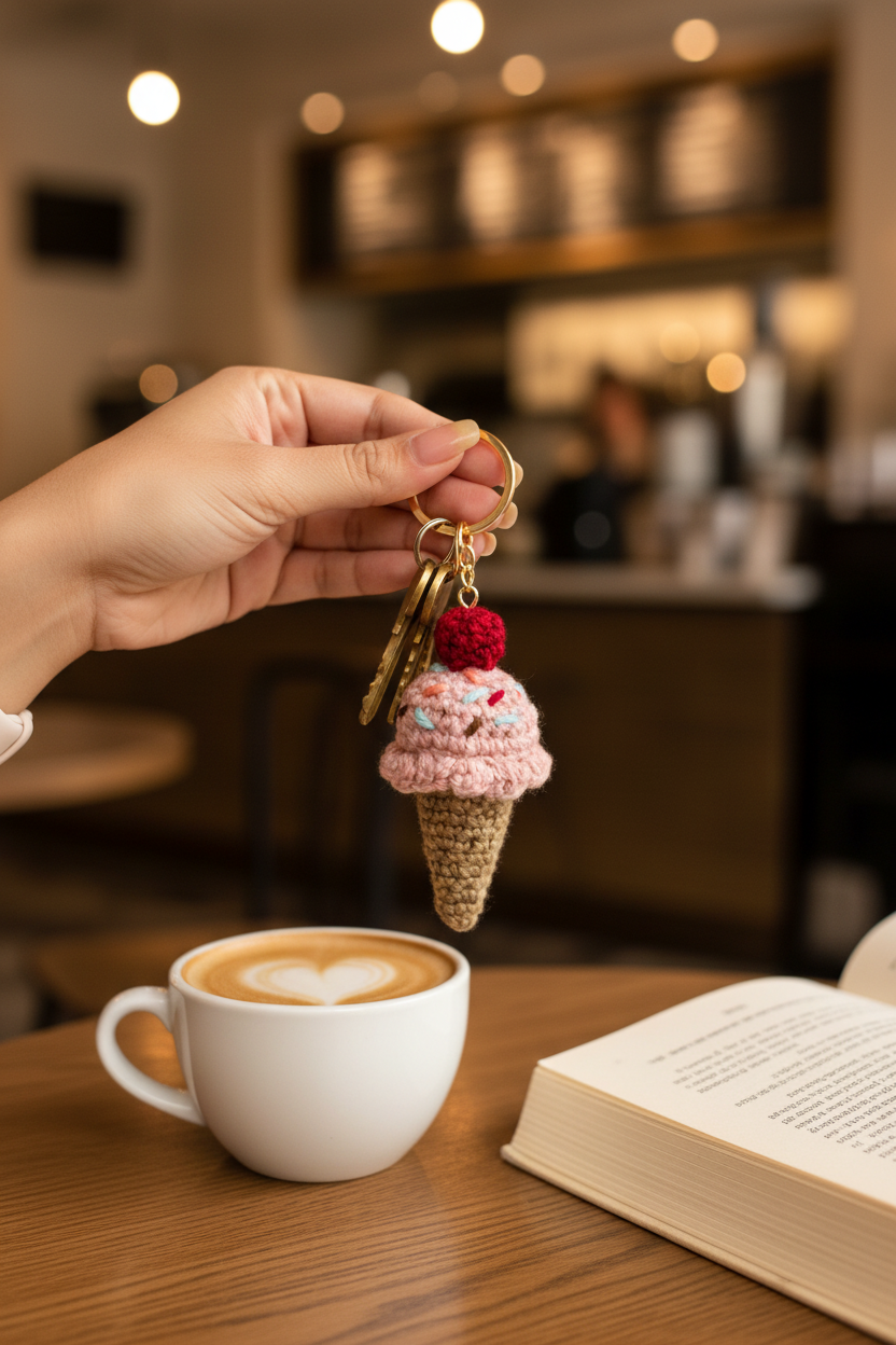 A hand holds a crocheted ice cream cone keychain with pink and white scoops, a waffle cone, and a red cherry on a keyring above a coffee cup and open book in a cafe setting.