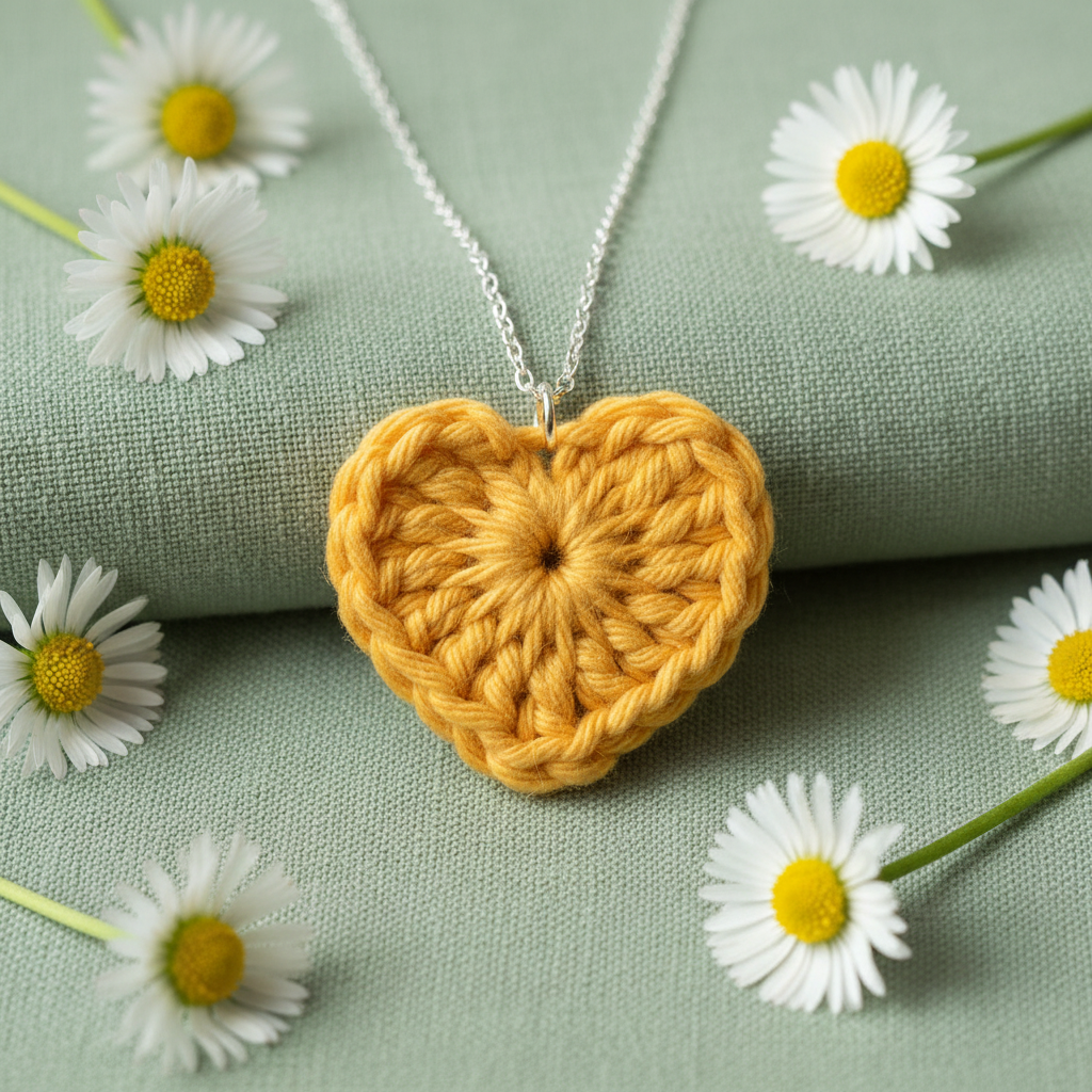 Crocheted heart-shaped pendant on a chain with daisies around on a light green fabric background