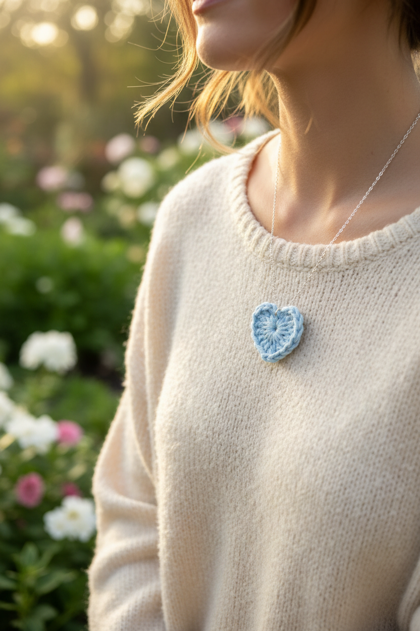 A close-up lifestyle shot of a woman wearing a cream-colored knit sweater and a light blue crocheted heart-shaped brooch on her chest, set against a soft-focus garden background.