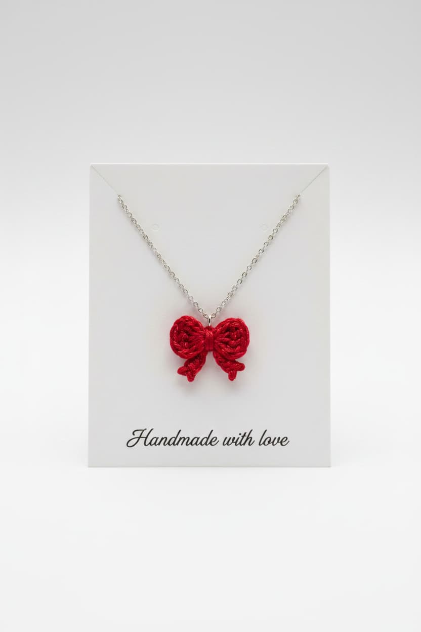 A silver chain necklace with a red crocheted bow pendant, displayed on a white card that reads 'Handmade with love' against a light gray background.
