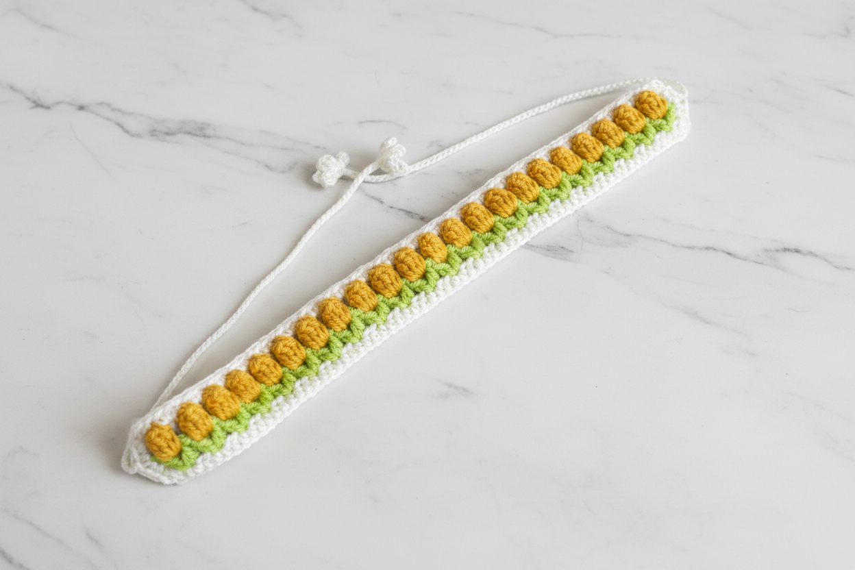 A handmade crocheted headband with a white base, yellow textured flower-like stripes, and green stripes, finished with a white adjustable cord and toggle closure, displayed on a white marble surface.