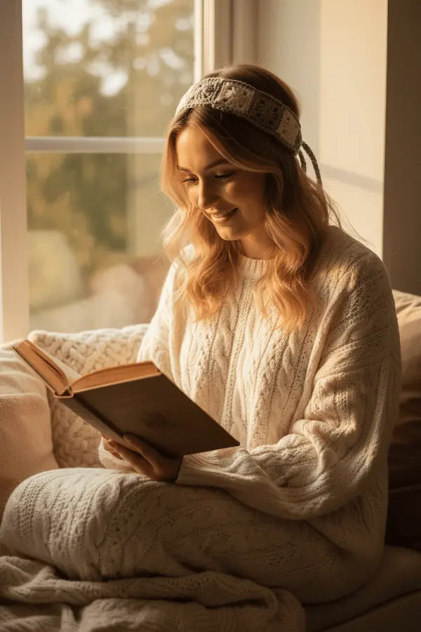A woman with blonde hair sits on a couch by a window, wearing a cream cable-knit sweater and matching knit pants, holding an open book. She wears a patterned headband.