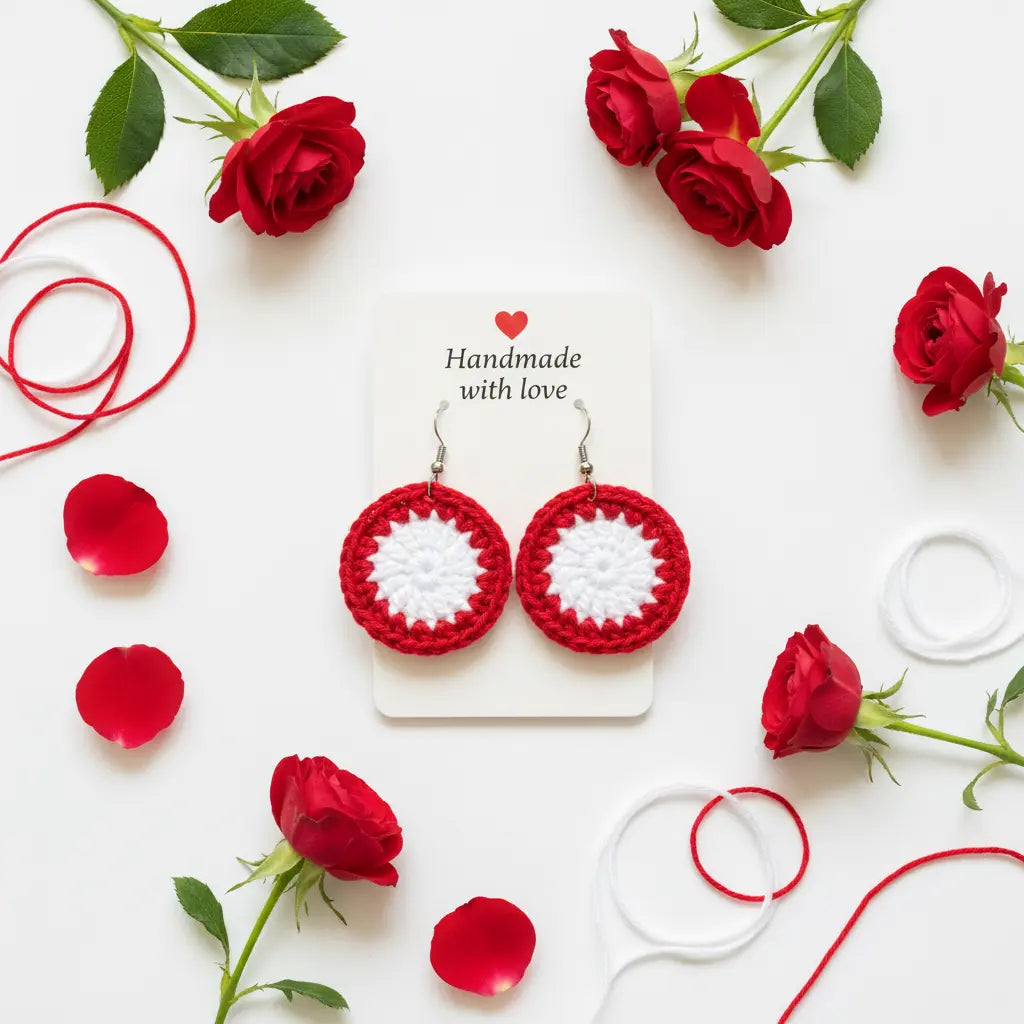 A pair of handmade crocheted dangle earrings displayed on a white card that reads 'Handmade with love'. The earrings feature a red outer ring with a white floral center.