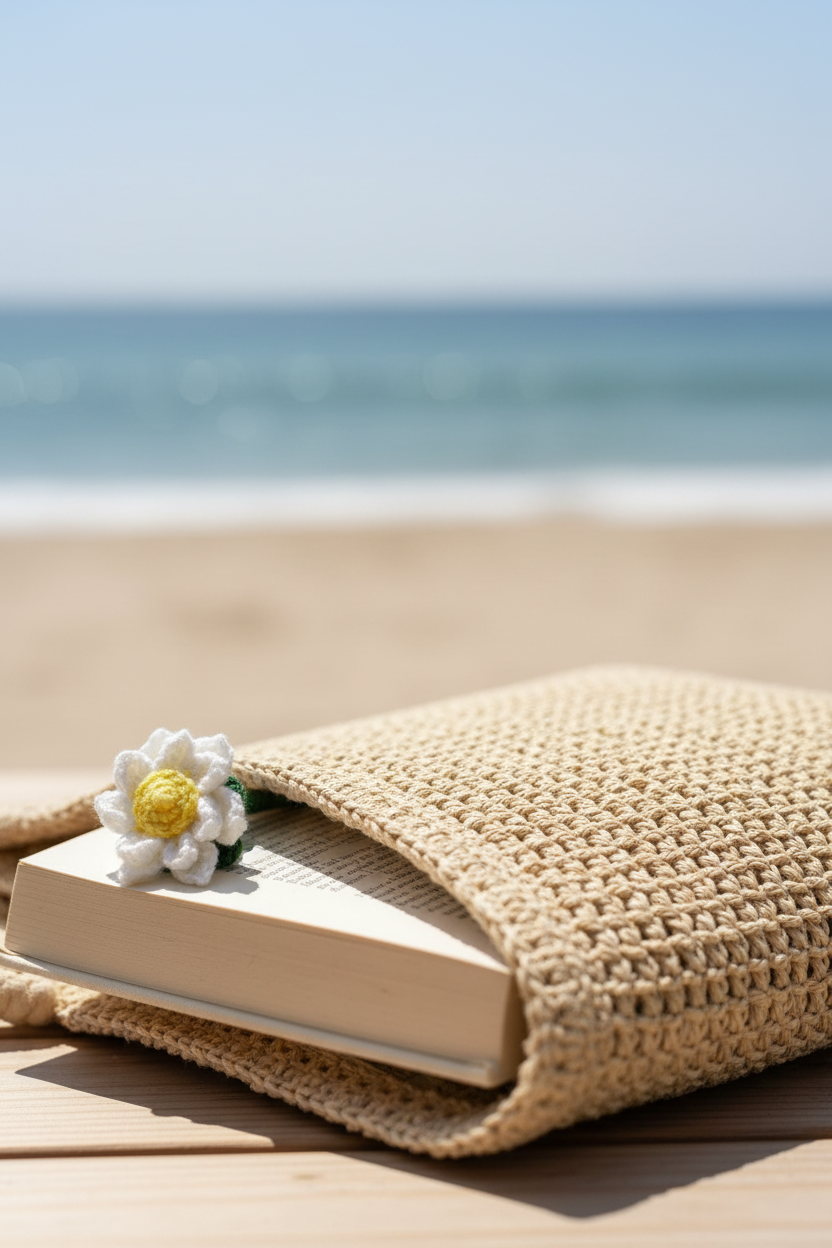A woven straw book cover or pouch holding a book on a wooden surface, with a small white daisy flower resting on top, and a blurred beach and ocean background.