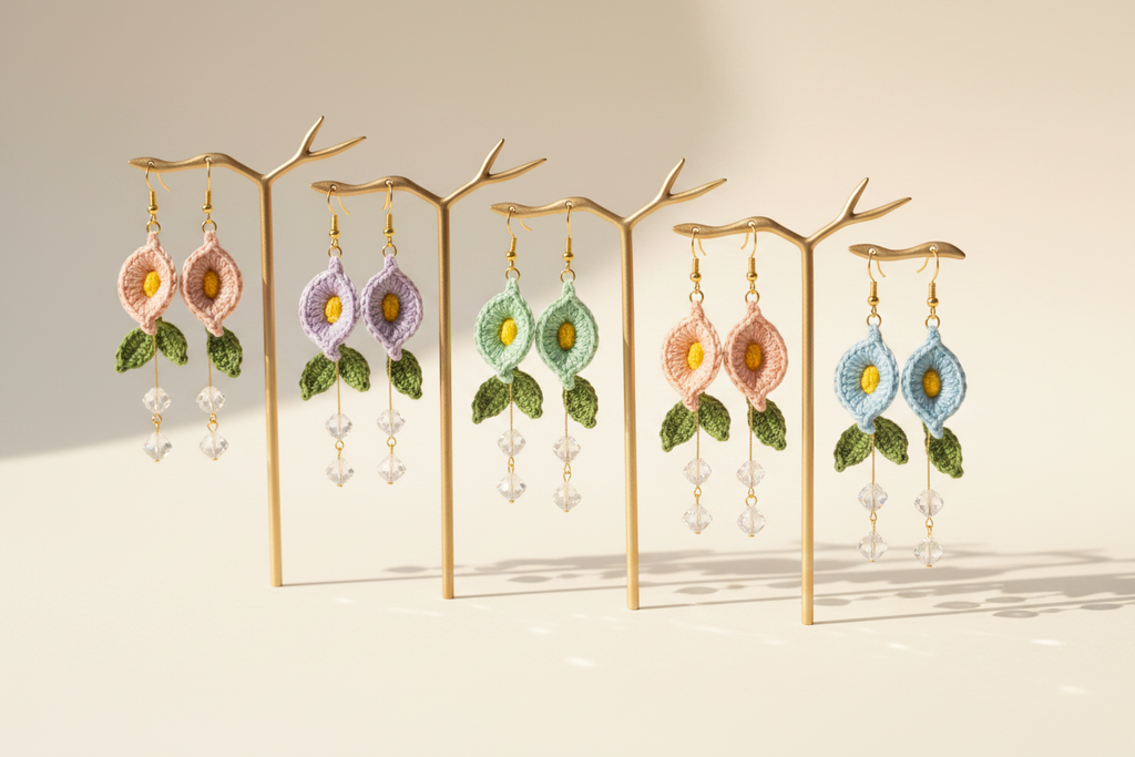 Six pairs of handmade floral dangle earrings displayed on gold branch-shaped stands against a warm beige background. The earrings feature embroidered flowers in pink, purple, mint green, peach, and light blue, with green leaves and dangling clear crystal beads.
