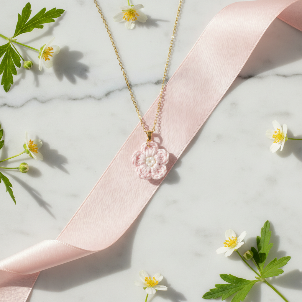 A delicate gold chain necklace with a pink crochet flower pendant, styled on a white marble surface with a pink satin ribbon and small white flowers.