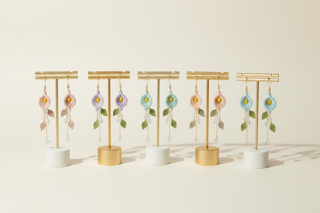 Six pairs of dangling floral earrings displayed on gold T-stands with white and gold cylindrical bases, arranged in a row against a warm off-white background.